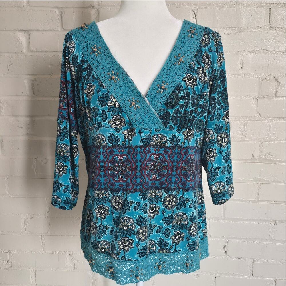 Y2K Beaded Crochet V-Neck Paisley Blouse ┃ Teal& Paisley┃Whimsigoth & Boho